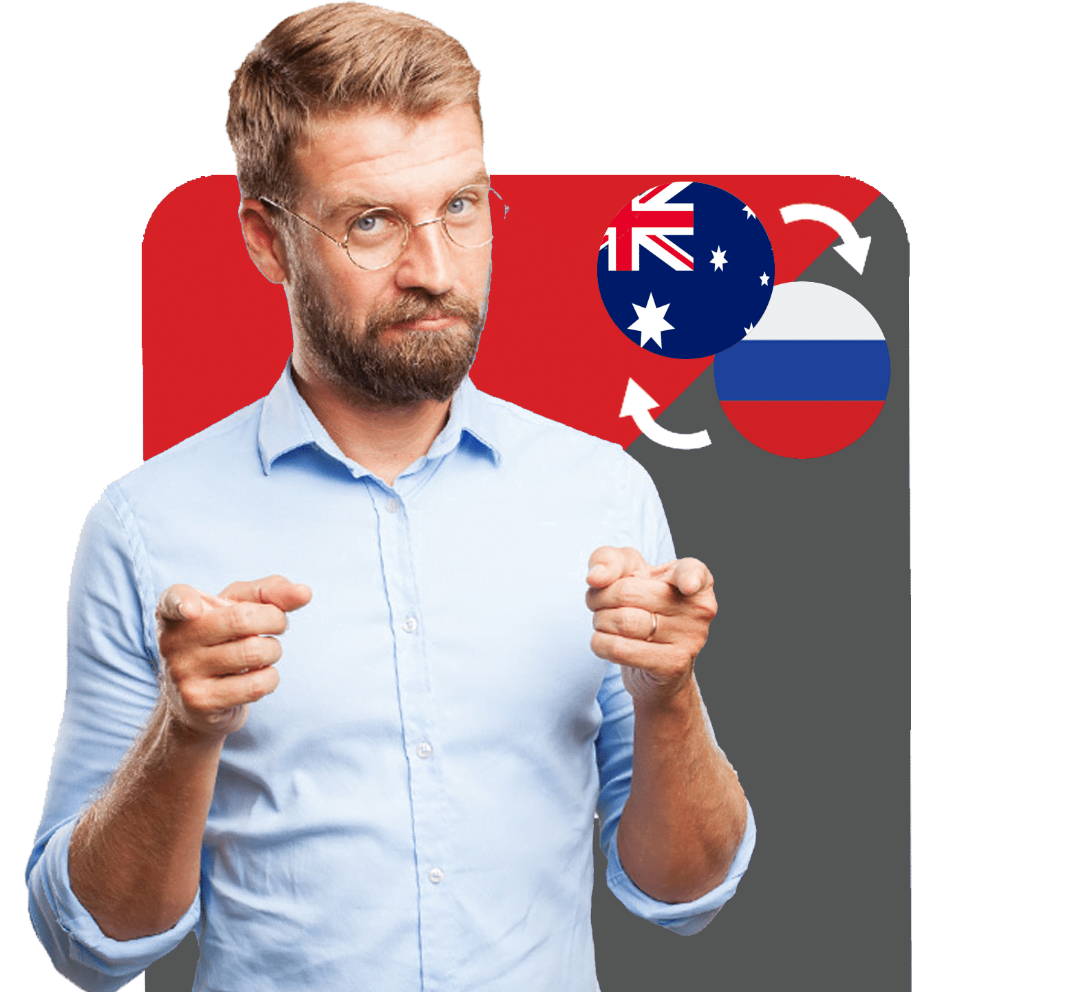 A man with glasses and a beard points forward, standing in front of icons showing the Australian and Russian flags with circular arrows, suggesting language translation or cultural exchange.